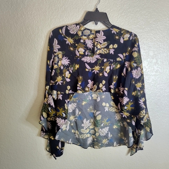 A.L.C. COOPER 100% SILK Long Sleeve OPEN BACK BLACK MULTI BLOUSE Sz 2 - Picture 8 of 10